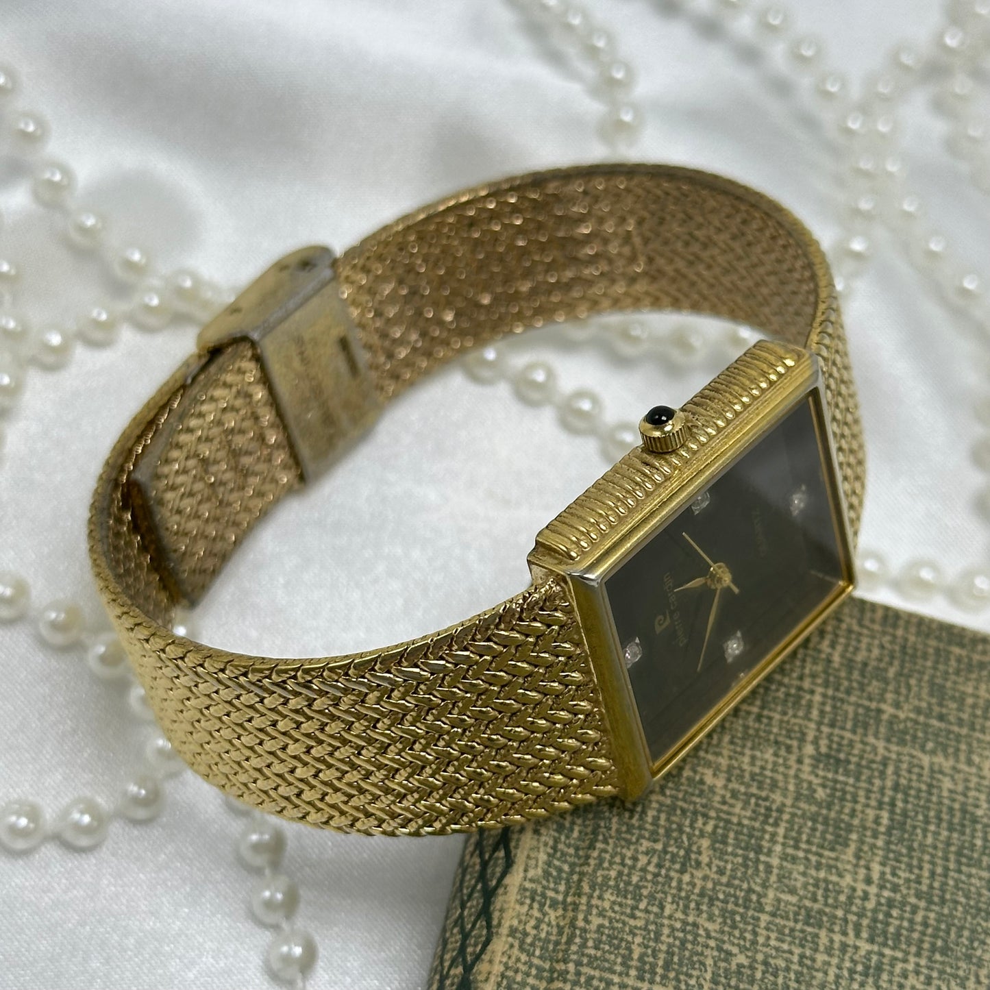 Vintage Pierre Cardin Gold Tank Watch with Black Dial and Diamond Markers