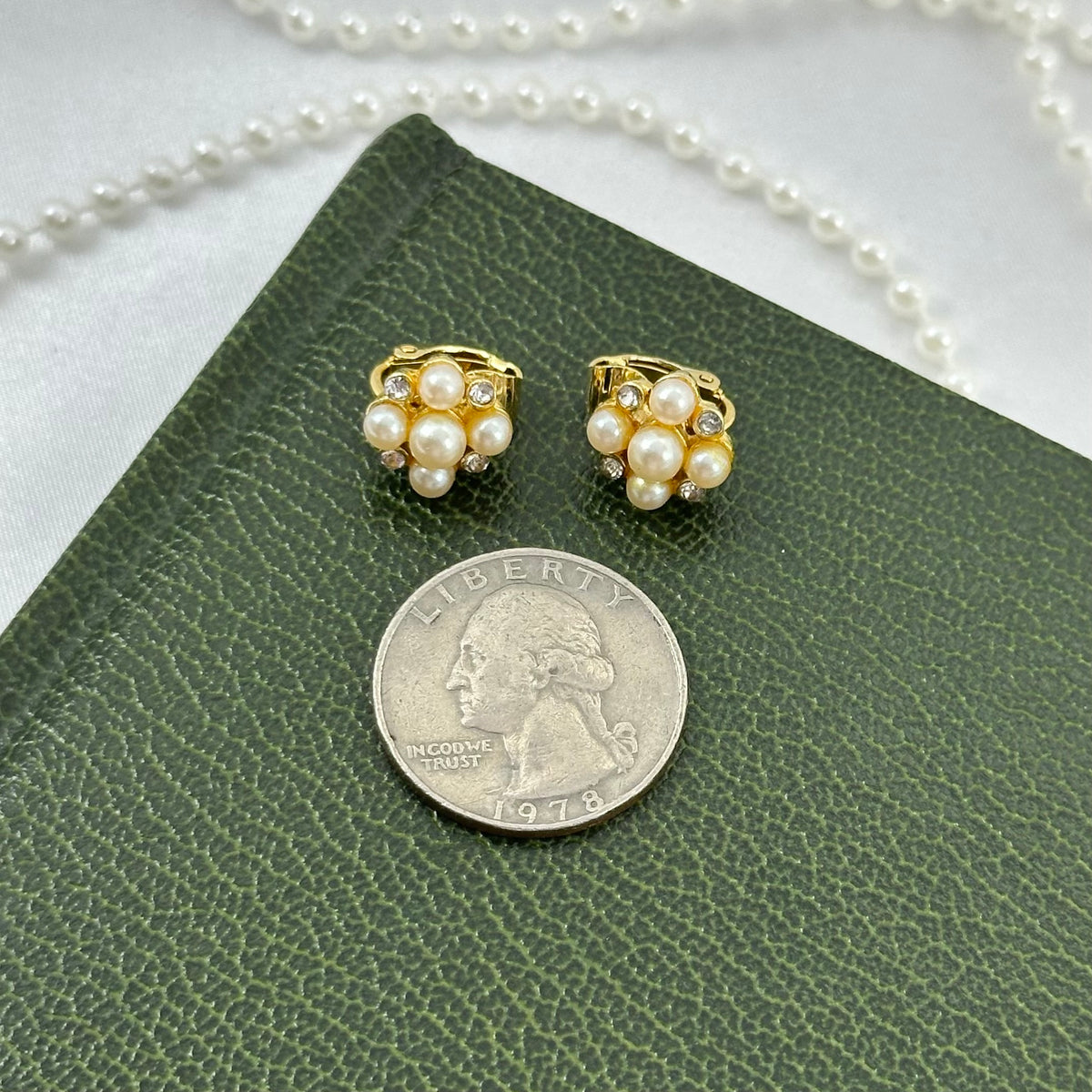 Gold Pearl and Crystal Clip On Earrings
