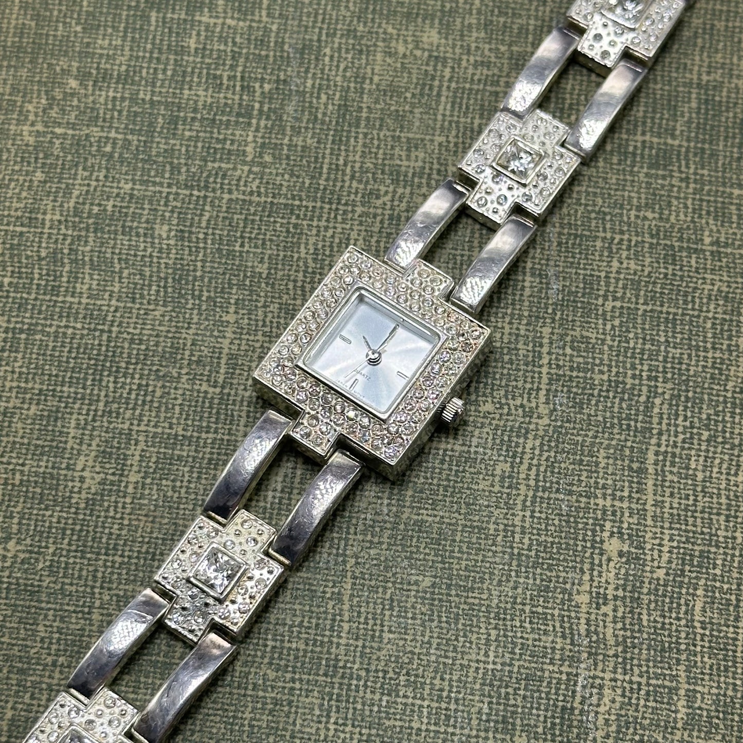 Silver Square Dial Diamanté Watch