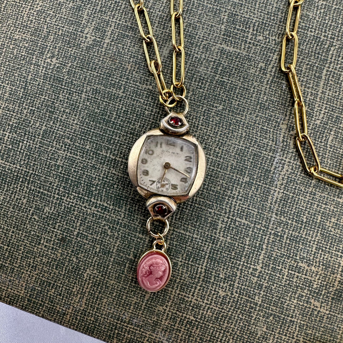 Vintage Ruby Accented Watch Necklace with Cameo Charm