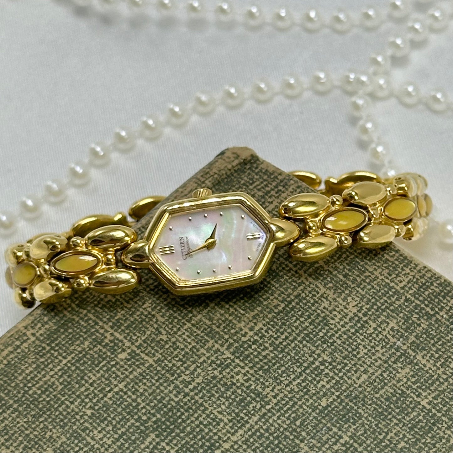 Dainty Yellow Iridescent Gemstone Citizen Watch with Mother of Pearl Dial