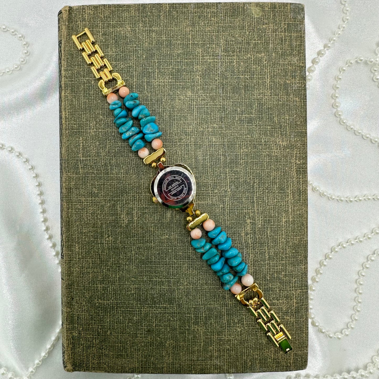 Gold Blue and Pink Beaded Band Watch with Mother of Pearl Heart Dial