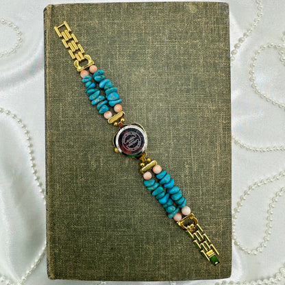 Gold Blue and Pink Beaded Band Watch with Mother of Pearl Heart Dial