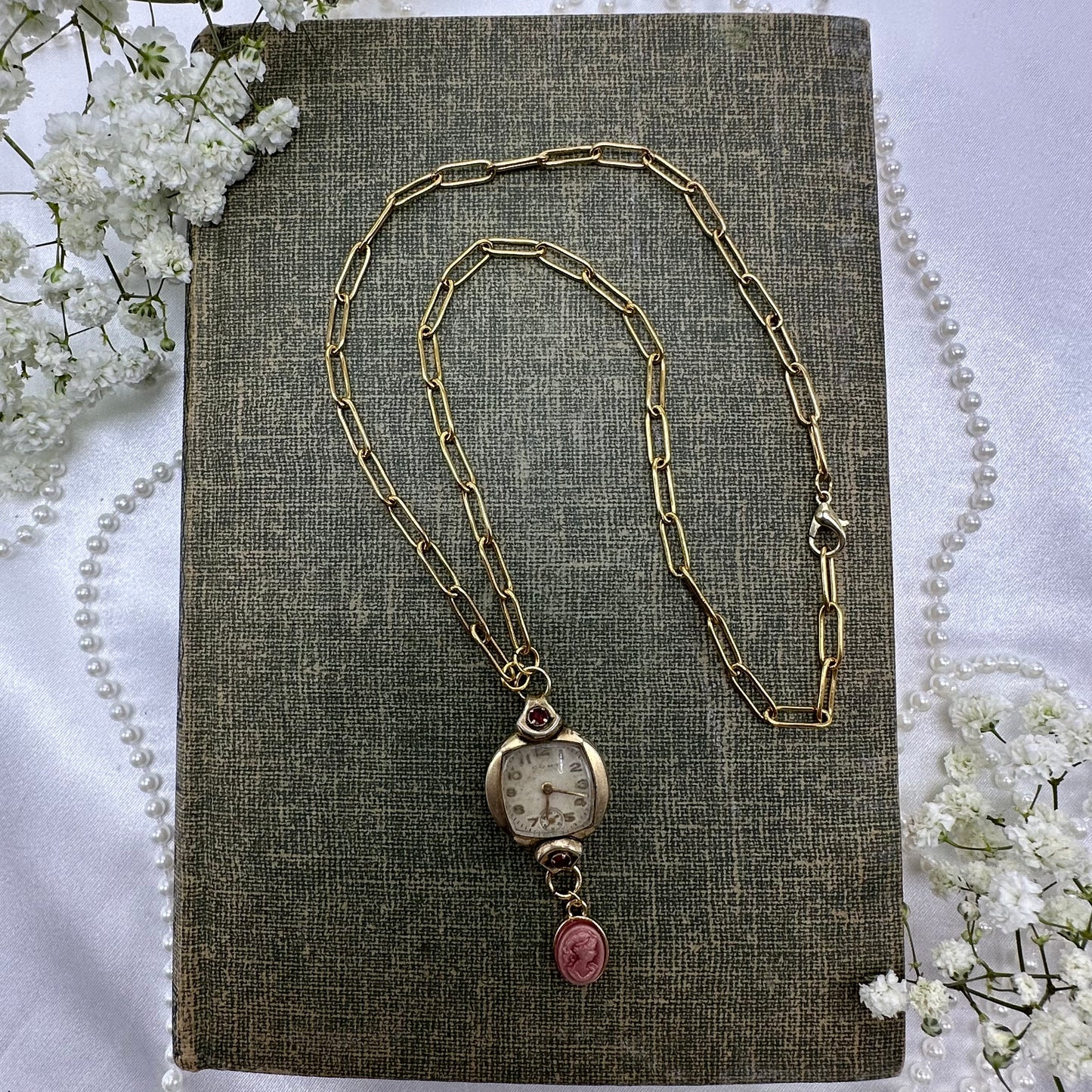 Vintage Ruby Accented Watch Necklace with Cameo Charm