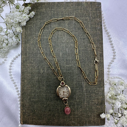 Vintage Ruby Accented Watch Necklace with Cameo Charm