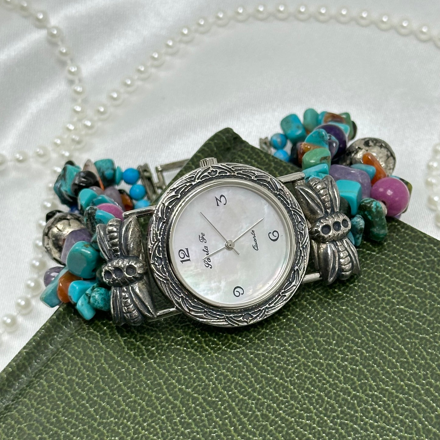 Silver Watch with Multicolor Beaded Band and Mother of Pearl Dial