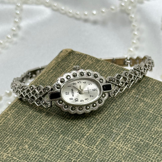 Vintage Silver Marcasite Oval Dial Watch
