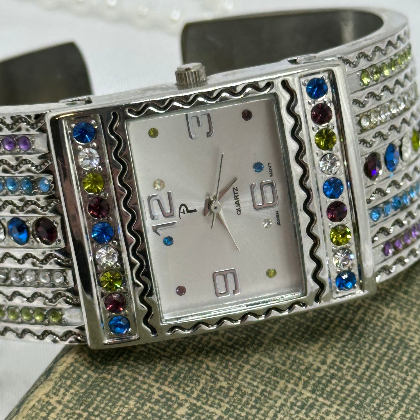 Silver Multicolor Gemstone Cuff Watch