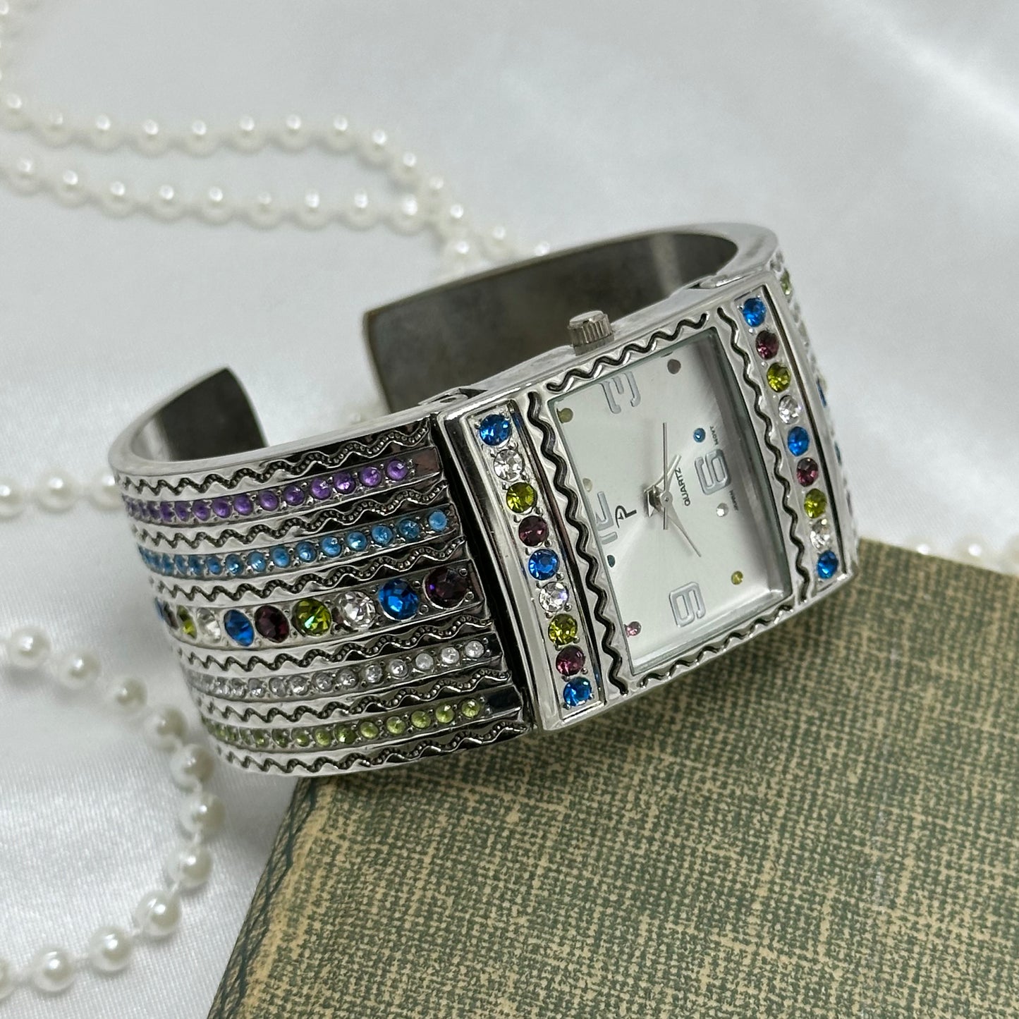 Silver Multicolor Gemstone Cuff Watch