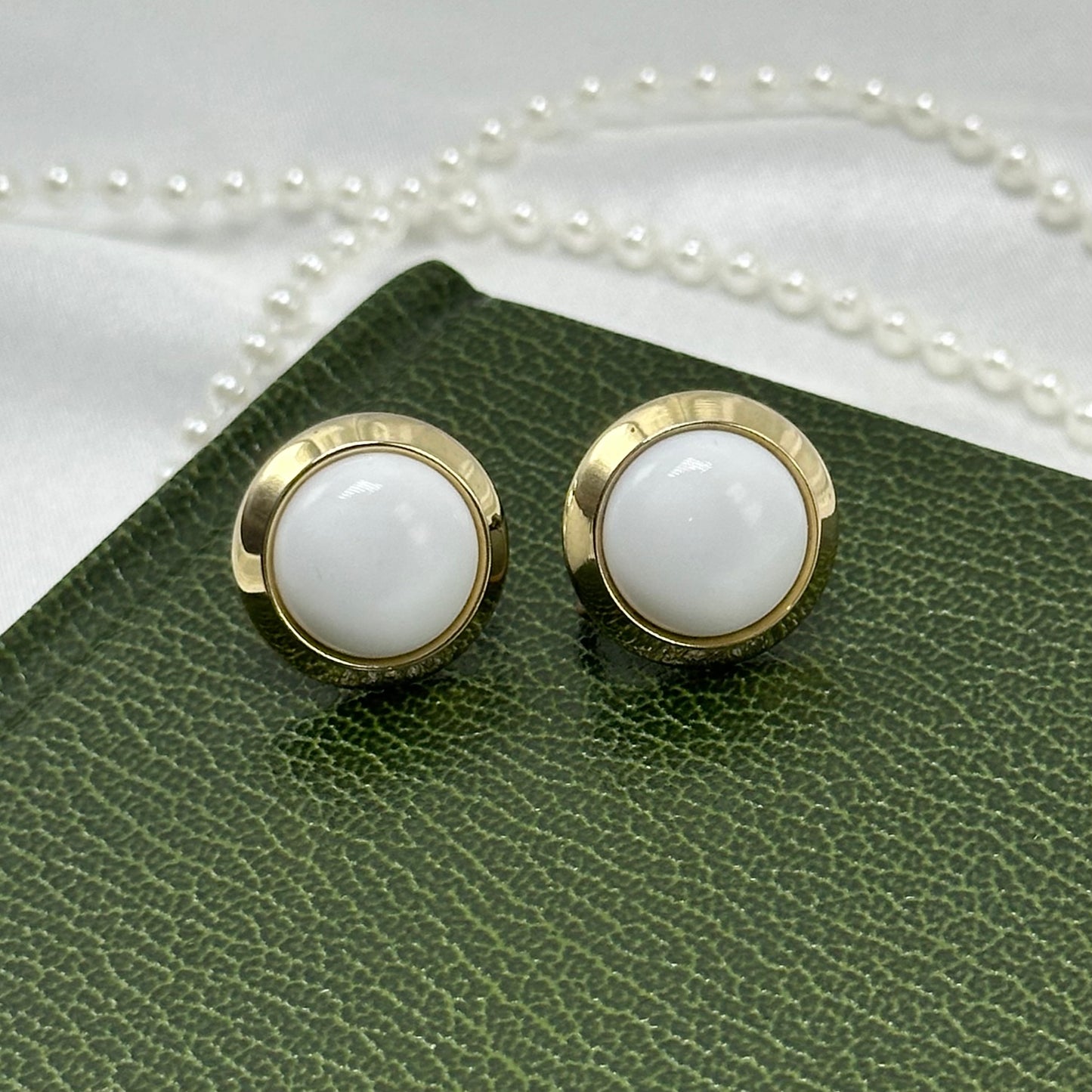 Gold and White Button Style Screw Back Earrings