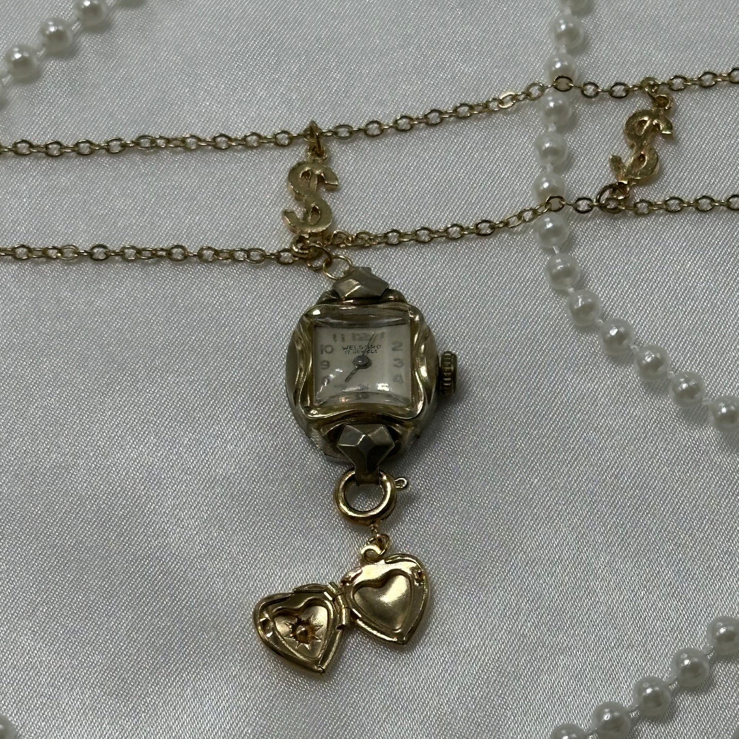 Gold Choker with Vintage Watch Pendant and Removeable Heart Locket