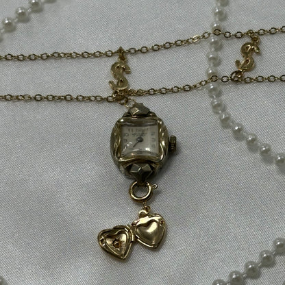 Gold Choker with Vintage Watch Pendant and Removeable Heart Locket