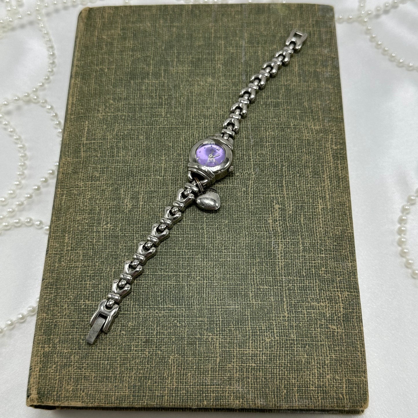 Silver Round Dial Watch with Purple Dial and Heart Charm