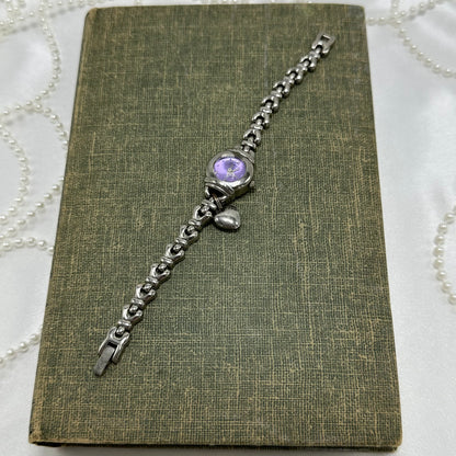 Silver Round Dial Watch with Purple Dial and Heart Charm