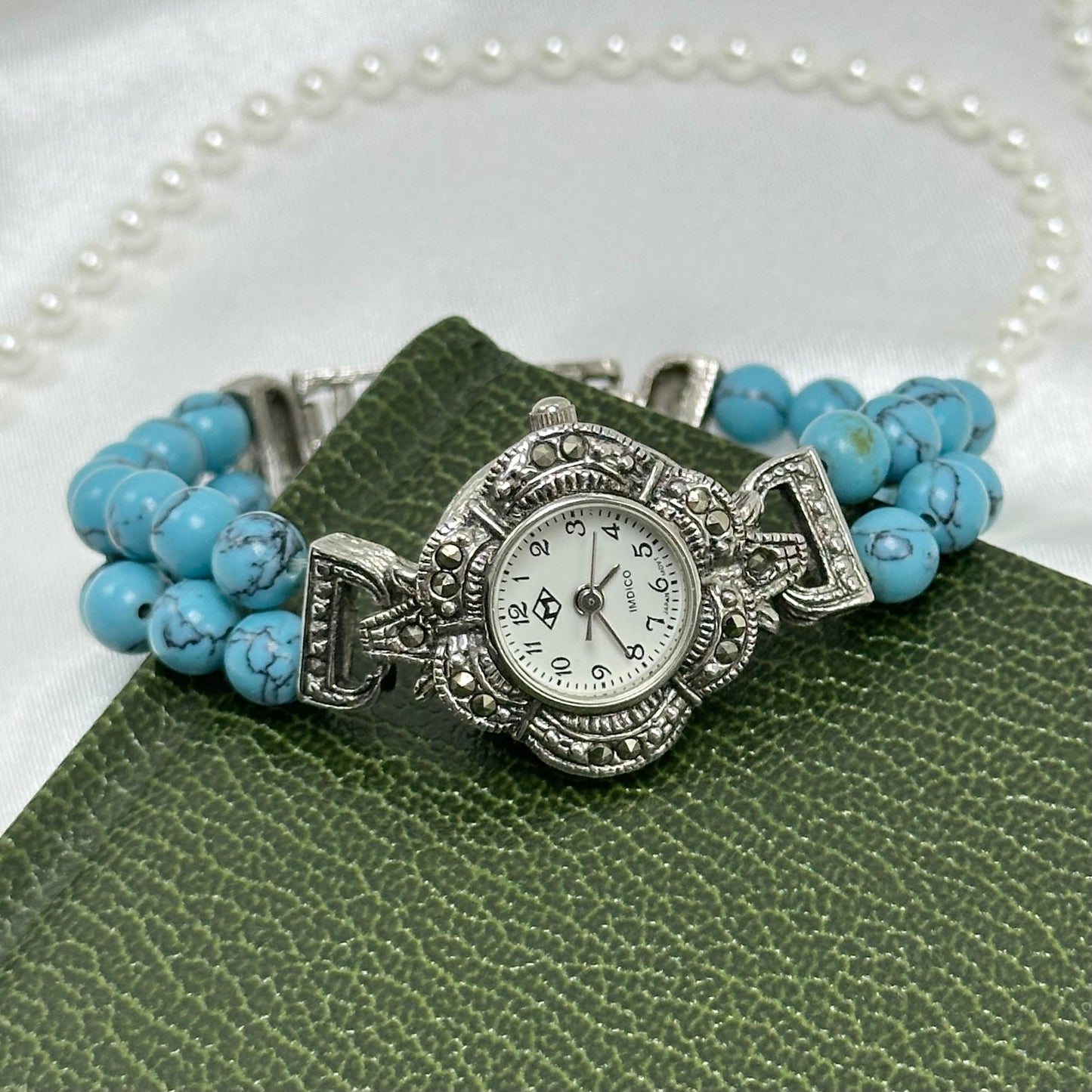 Silver Marcasite Watch with Turquoise Bead Band