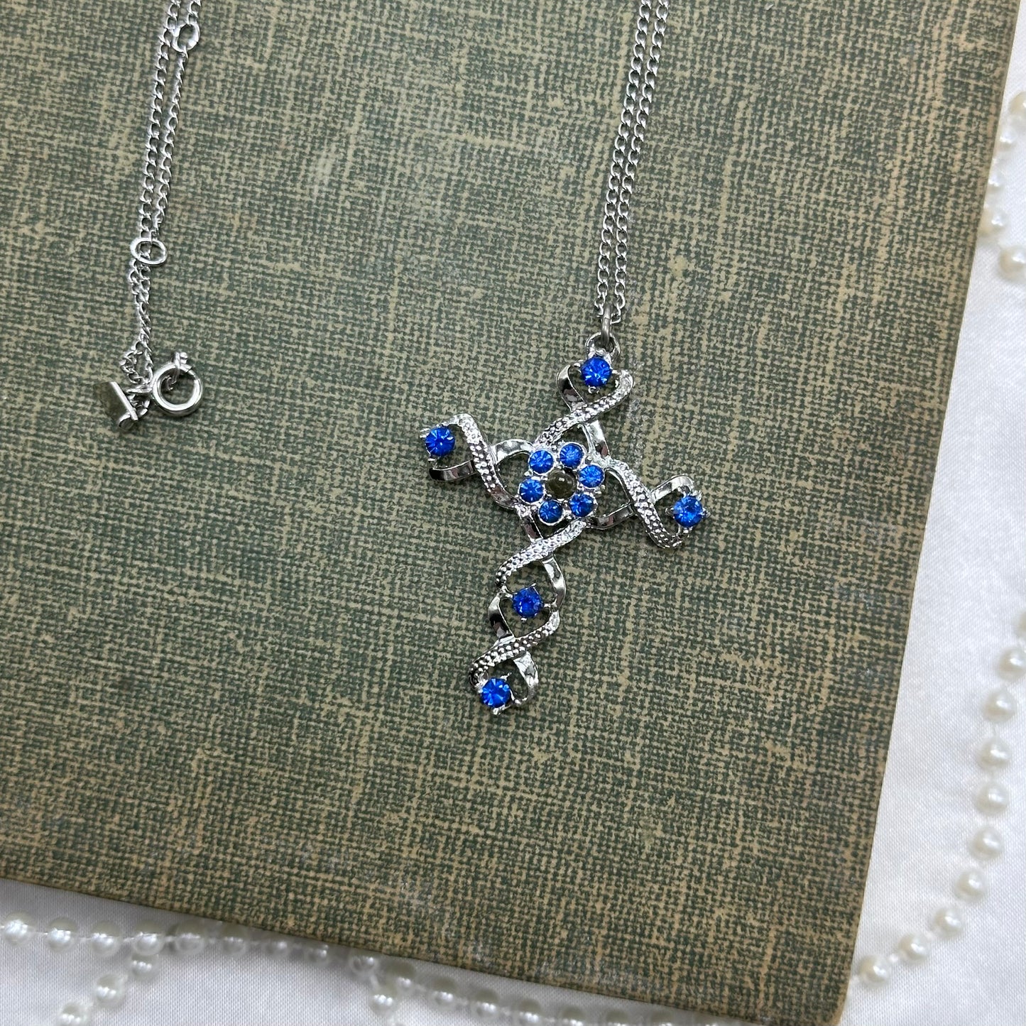 Vintage Blue Sarah Coventry Cross Necklace