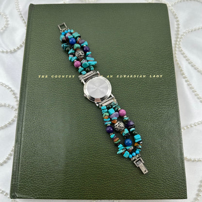 Silver Watch with Multicolor Beaded Band and Mother of Pearl Dial
