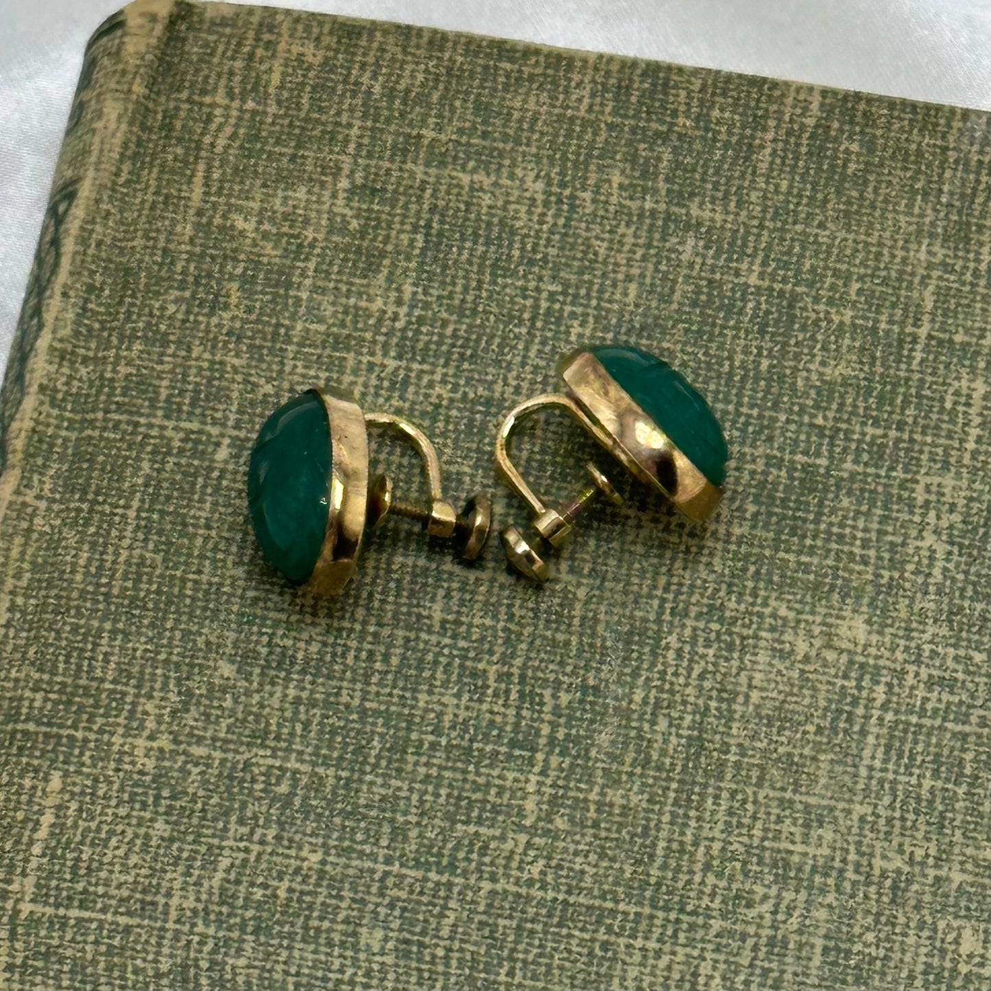 Vintage Gold Filled Green Scarab Screw Back Earrings
