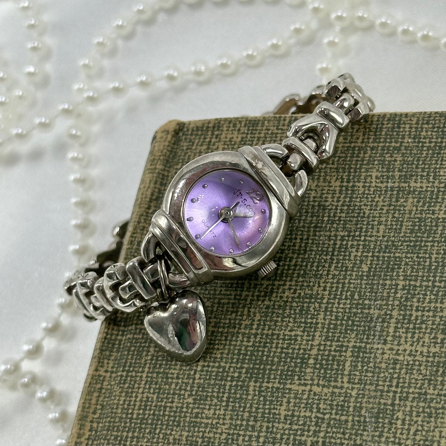 Silver Round Dial Watch with Purple Dial and Heart Charm