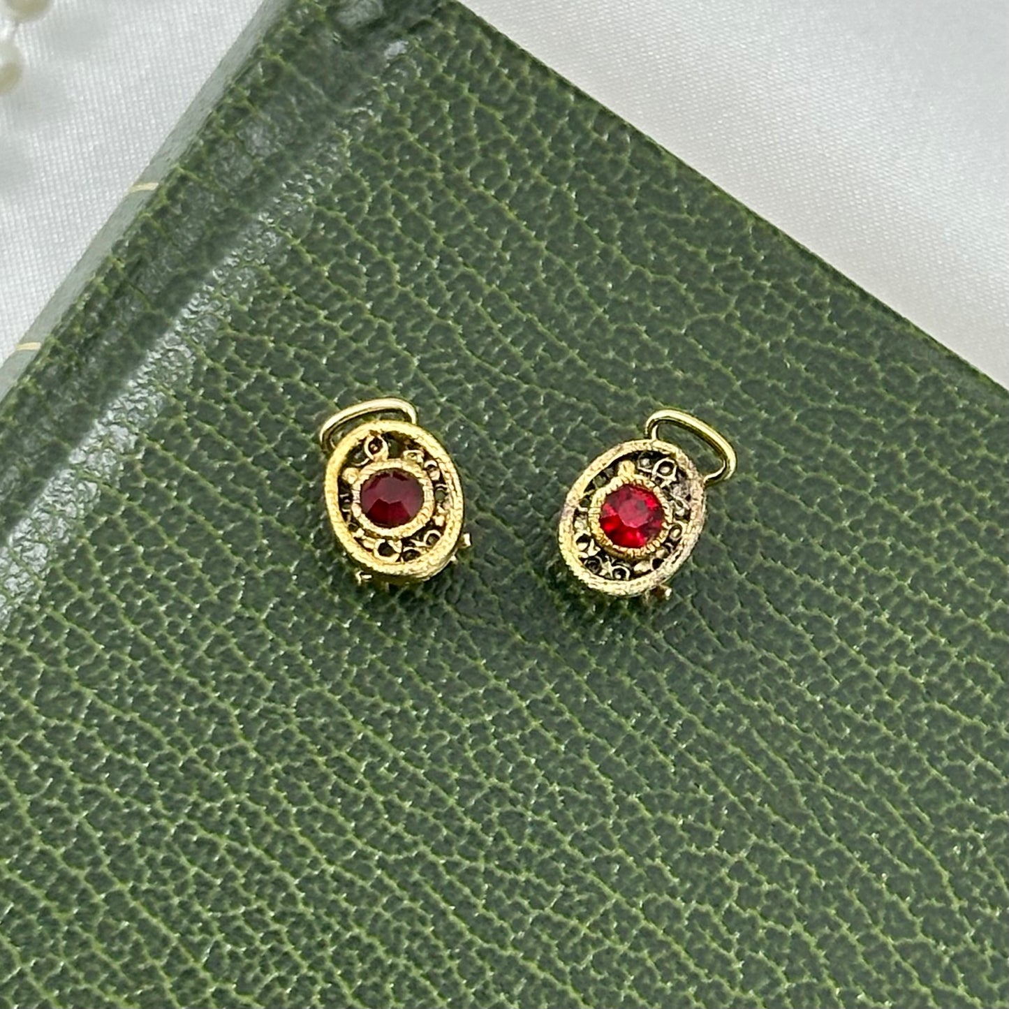 Adorable Dainty Vintage Clip On Oval Earrings with Red Stones