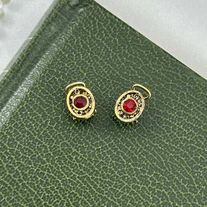 Adorable Dainty Vintage Clip On Oval Earrings with Red Stones