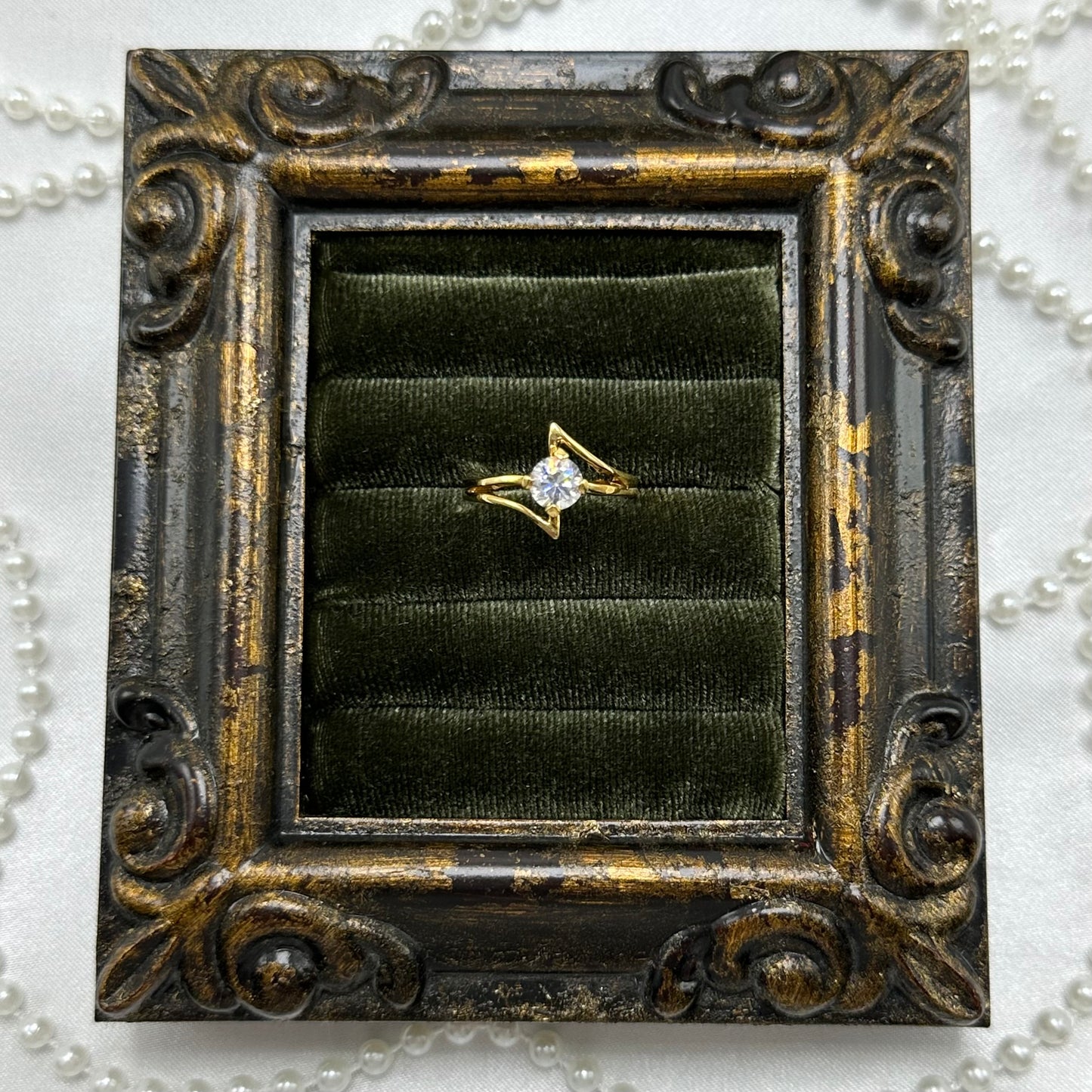 14k gold electroplated vintage deadstock ring with solitaire round clear cubic zirconia stone.