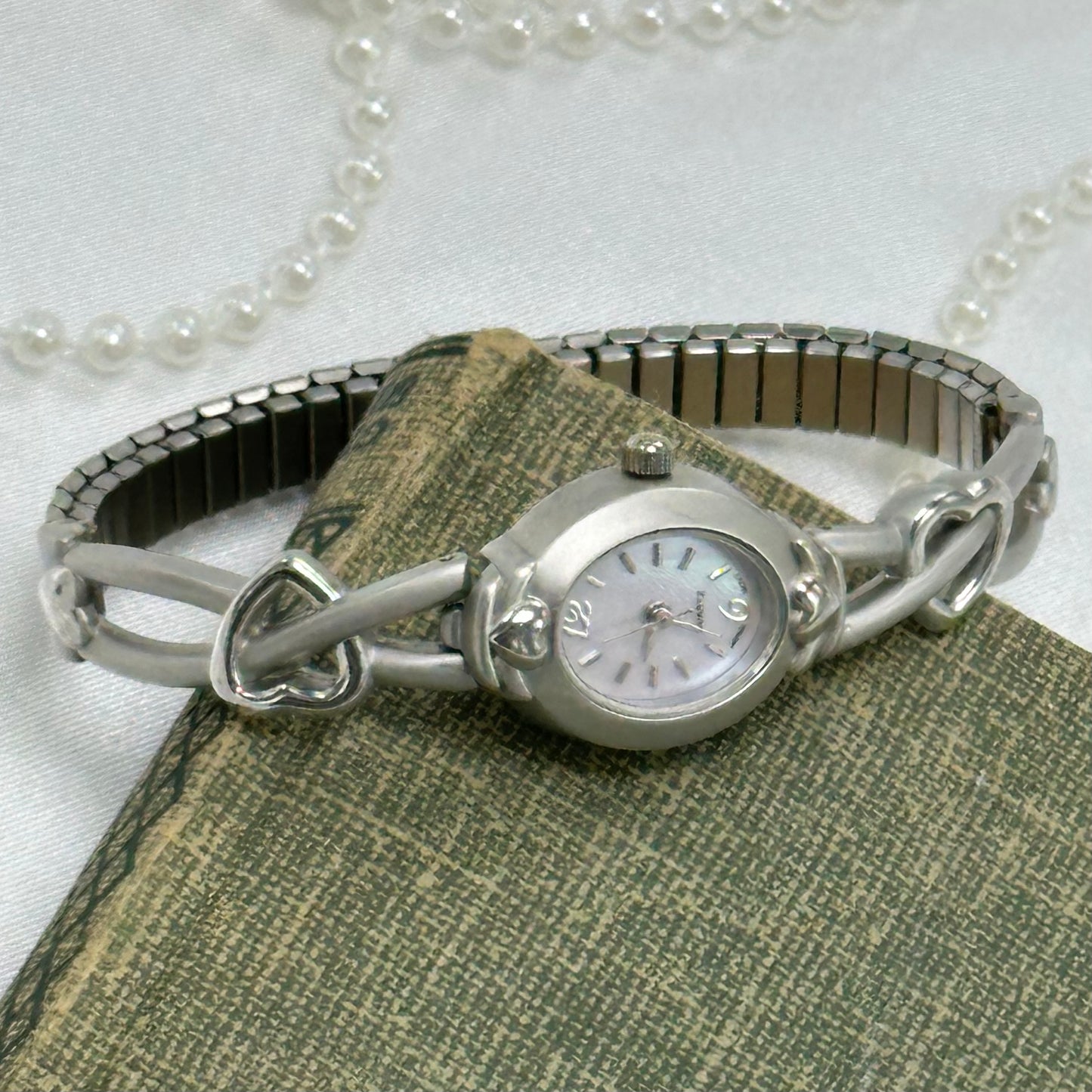 Silver Watch with Heart Band and Mother of Pearl Dial