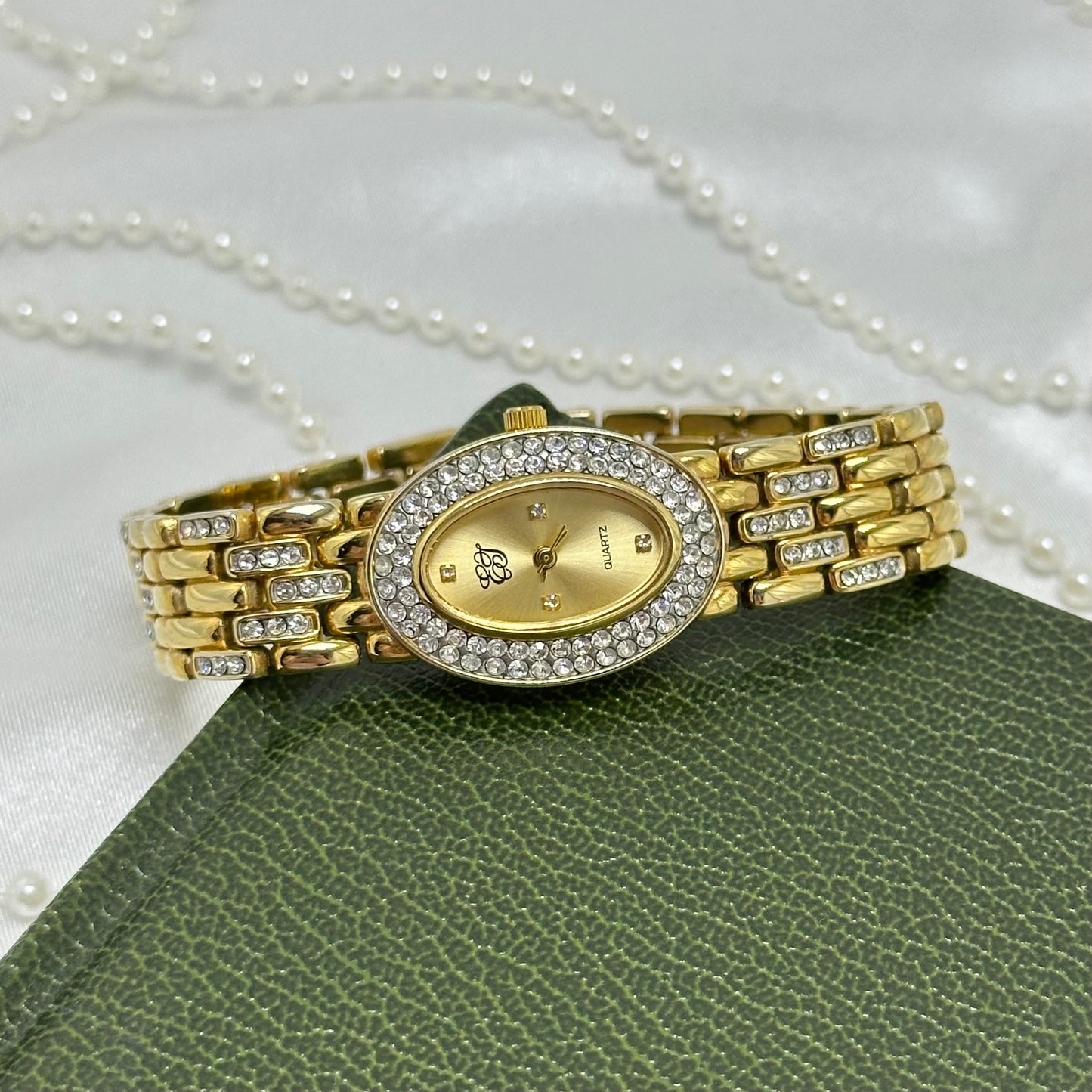 Elizabeth Taylor White Diamanté Gold Watch with Oval Dial