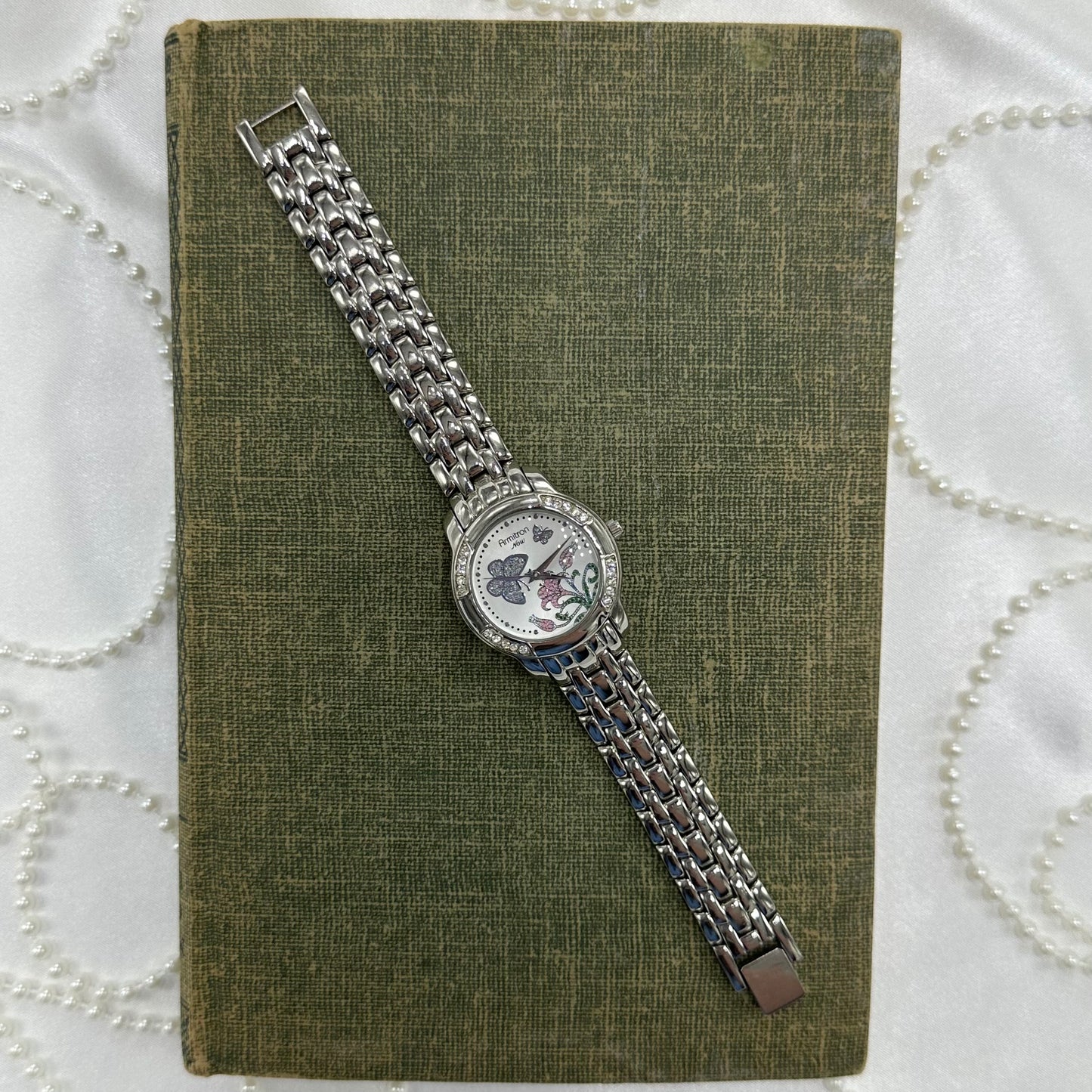 Silver Diamanté Armitron Watch with Purple Butterflies and Flower Dial