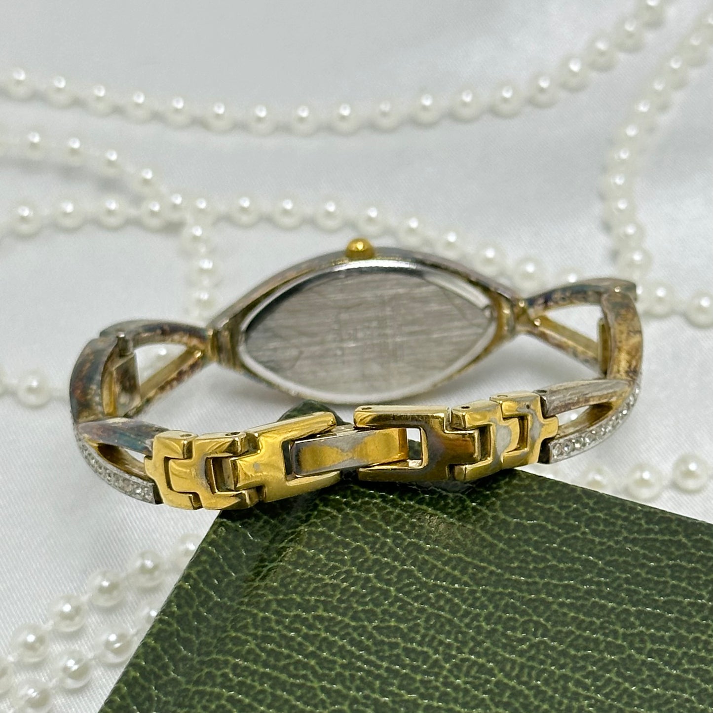 Vintage Gold Armitron Watch with Marquise Crystal Mother of Pearl Dial