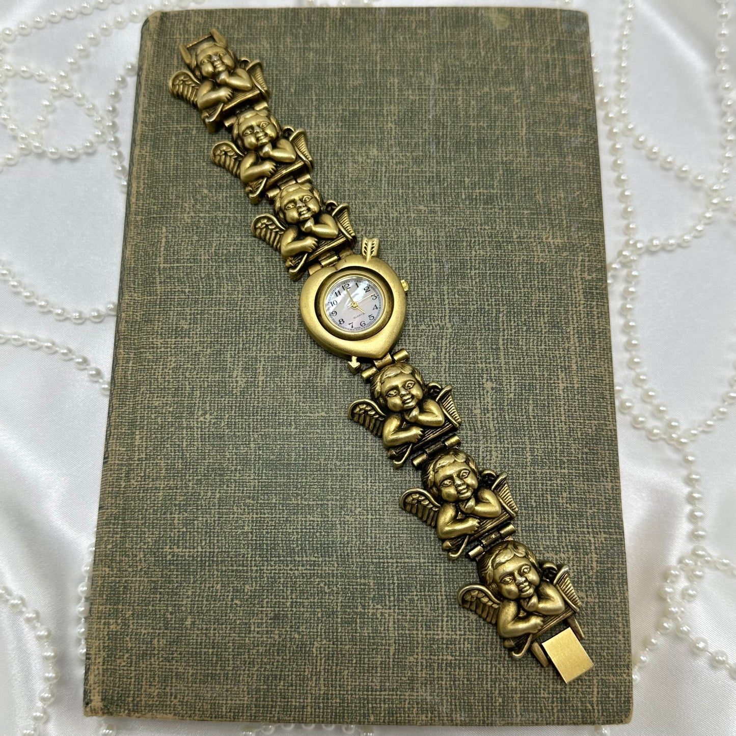 Rare Gold Slide Charm Cherub Watch with Mother of Pearl Heart Dial