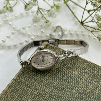 1969 10k RGP Silver Bulova Wind-Up Cocktail Watch with Dainty Oval Dial