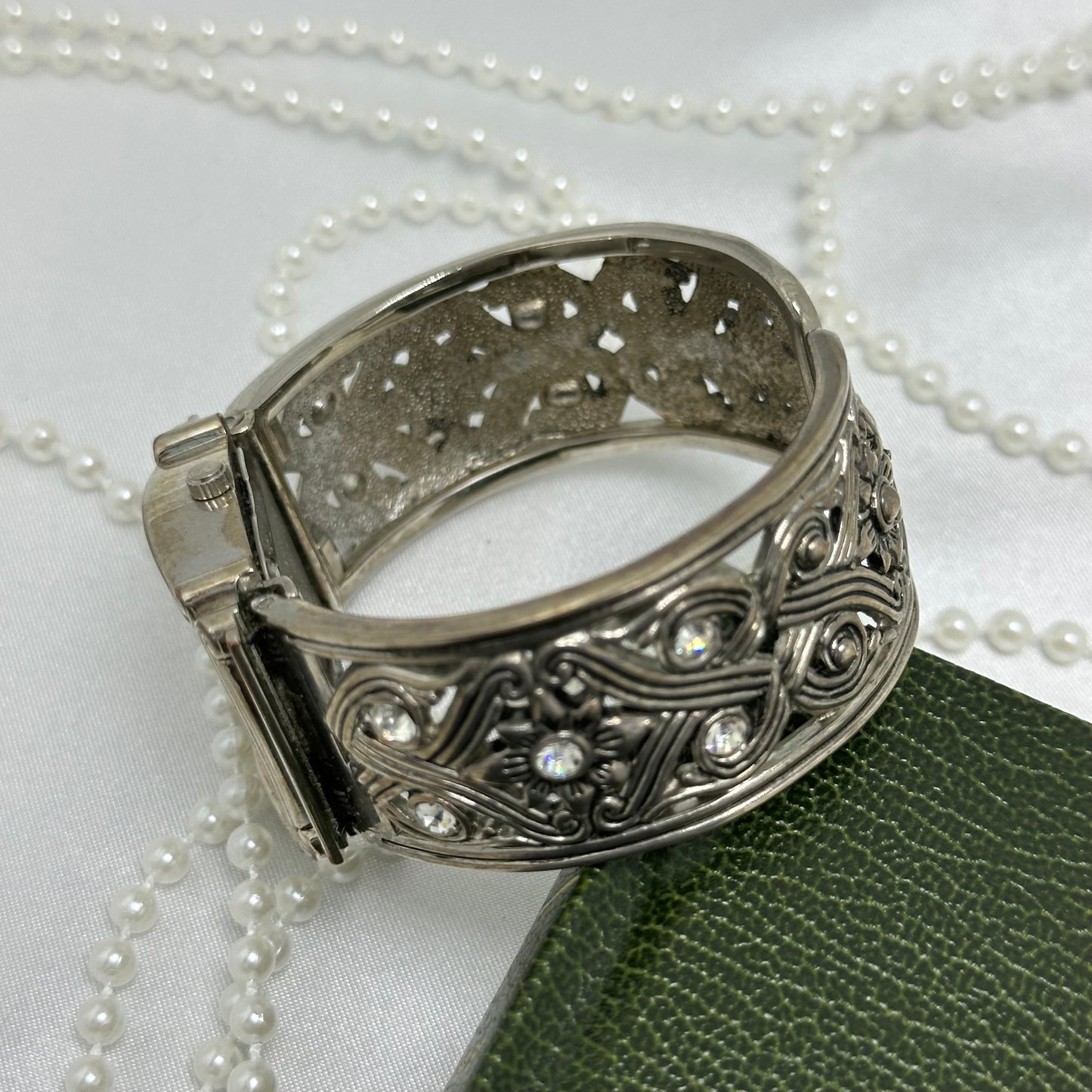 Silver Cuff Watch with Square Dial and Crossed Band