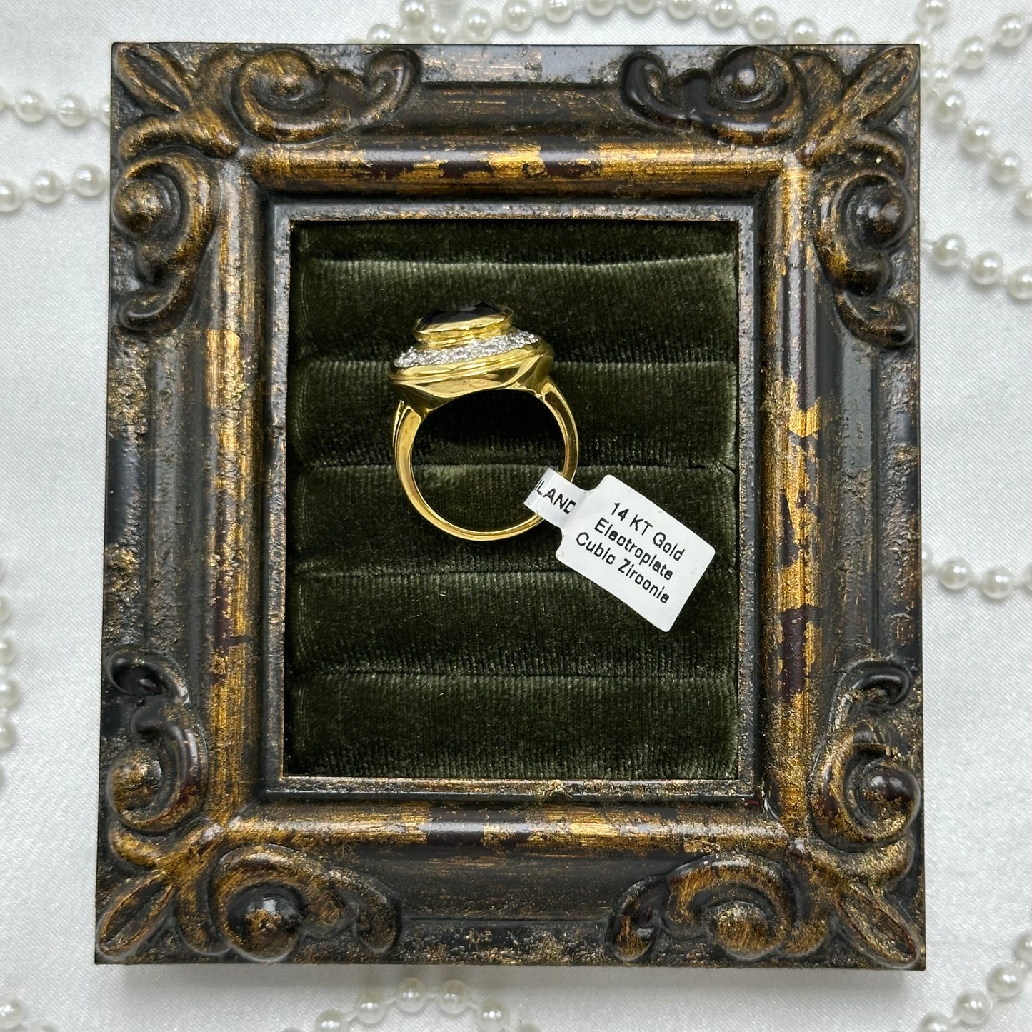Large Round Dark Blue Cubic Zirconia Stone Vintage Deadstock Ring 14k Gold Electroplated
