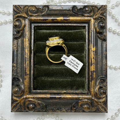 Large Round Dark Blue Cubic Zirconia Stone Vintage Deadstock Ring 14k Gold Electroplated