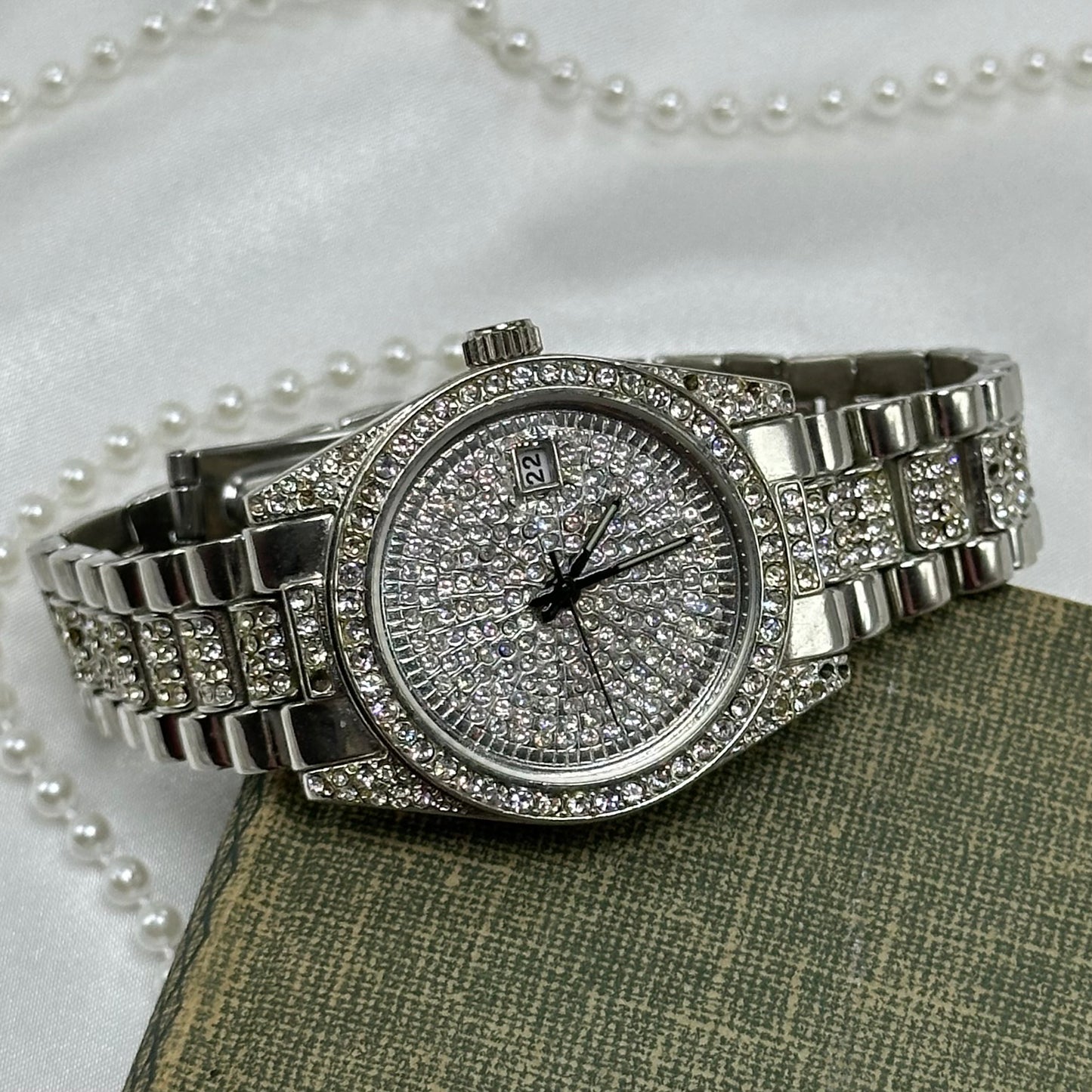 Silver Iced Out Geneva Watch