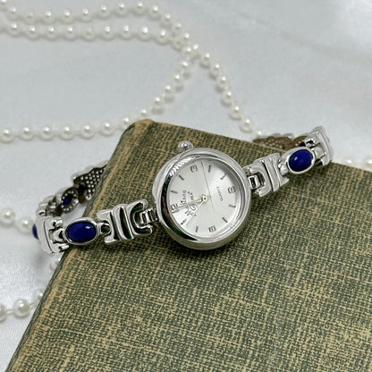 Silver Round Dial Watch with Blue Gemstone Band