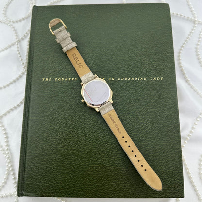 Gold Relic Diamanté Watch with Metallic Leather Band and Date Display