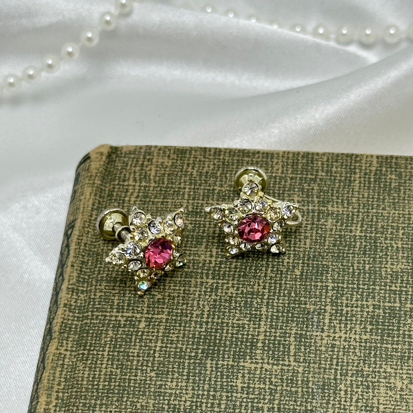 Vintage Pink Rhinestone Star Earrings - Screw Backs