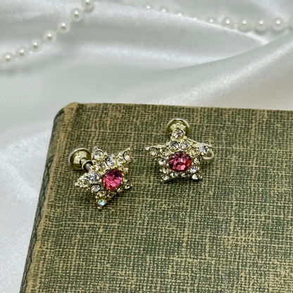 Vintage Pink Rhinestone Star Earrings - Screw Backs