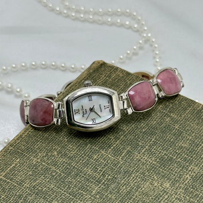 Sterling Silver Watch with Mother of Pearl Dial and Pink Gemstone Band