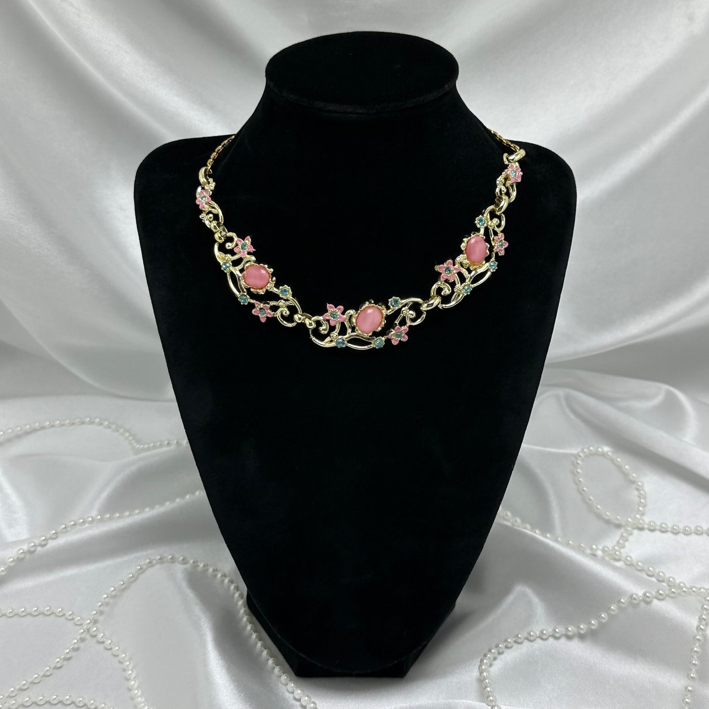 Vintage Pink and Blue Flower Necklace