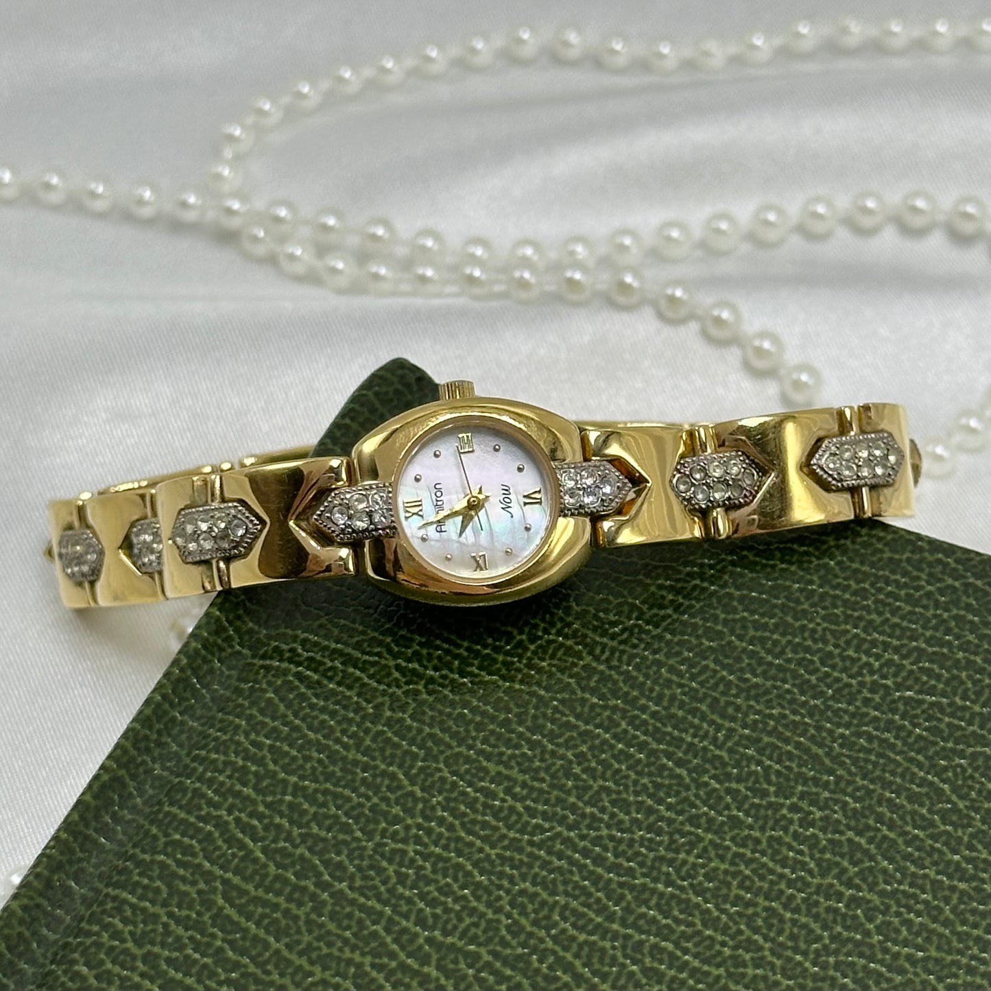 Vintage Two-Tone Diamanté Watch with Mother of Pearl Dial