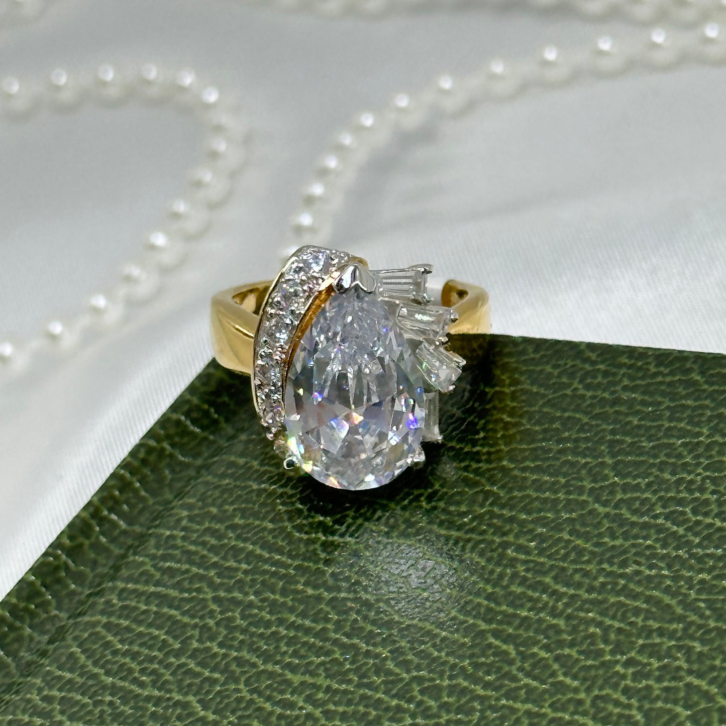 Large Teardrop Cubic Zirconia Stone Vintage Deadstock Ring 14k Gold Electroplated