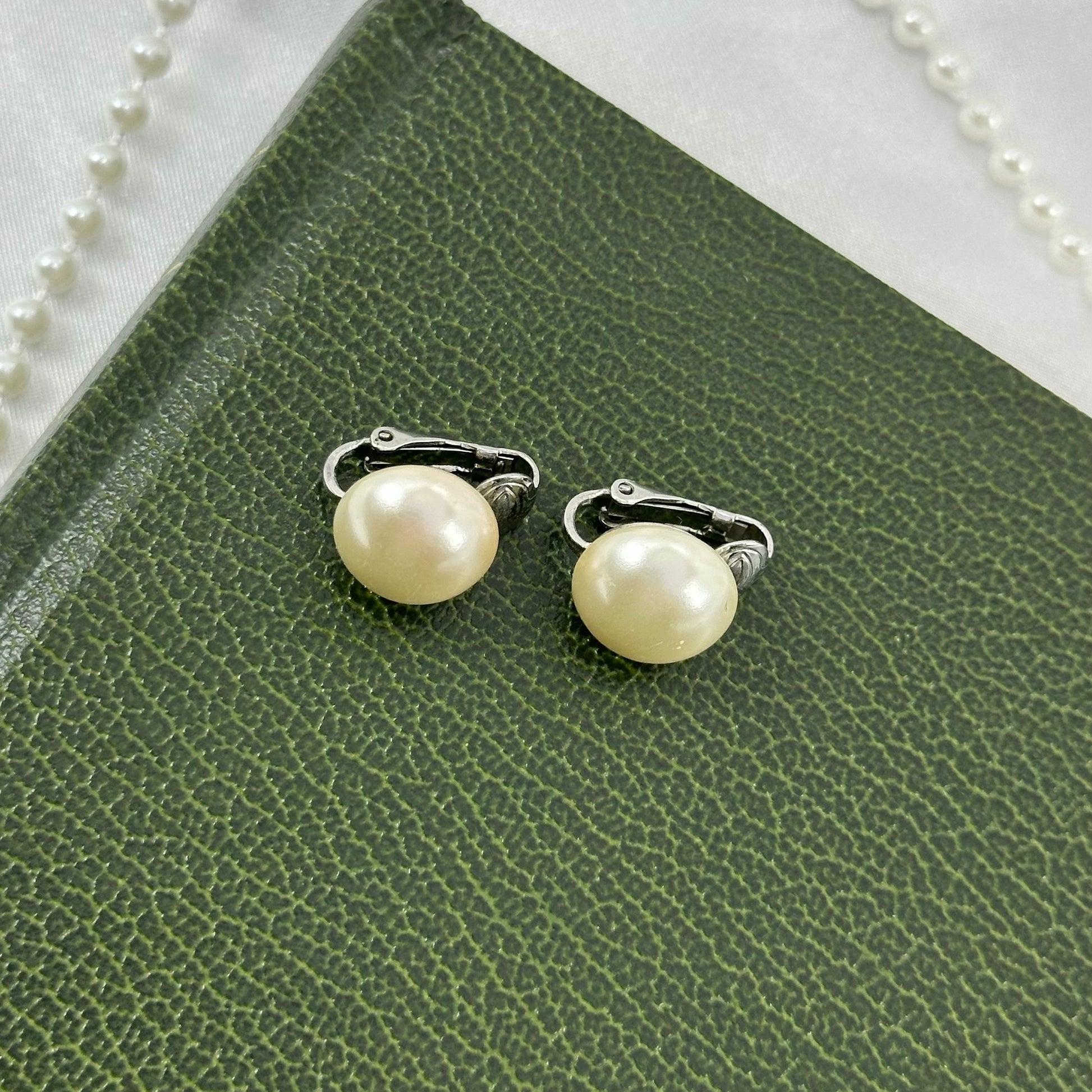 Classic Pearl Silver Button Style Clip On Earrings