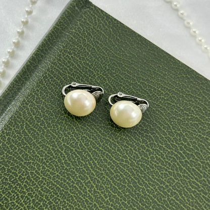 Classic Pearl Silver Button Style Clip On Earrings