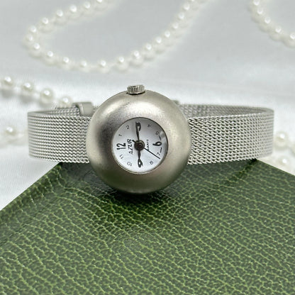 Dainty Silver Watch with Bubble Dial and Mesh Band