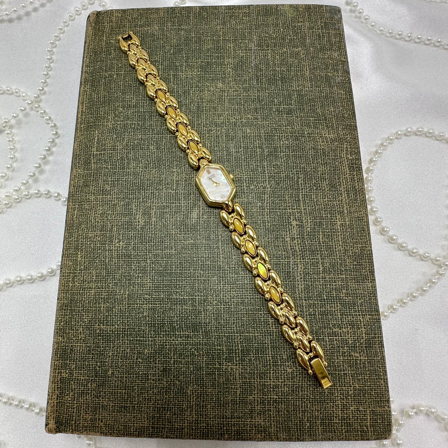 Dainty Yellow Iridescent Gemstone Citizen Watch with Mother of Pearl Dial