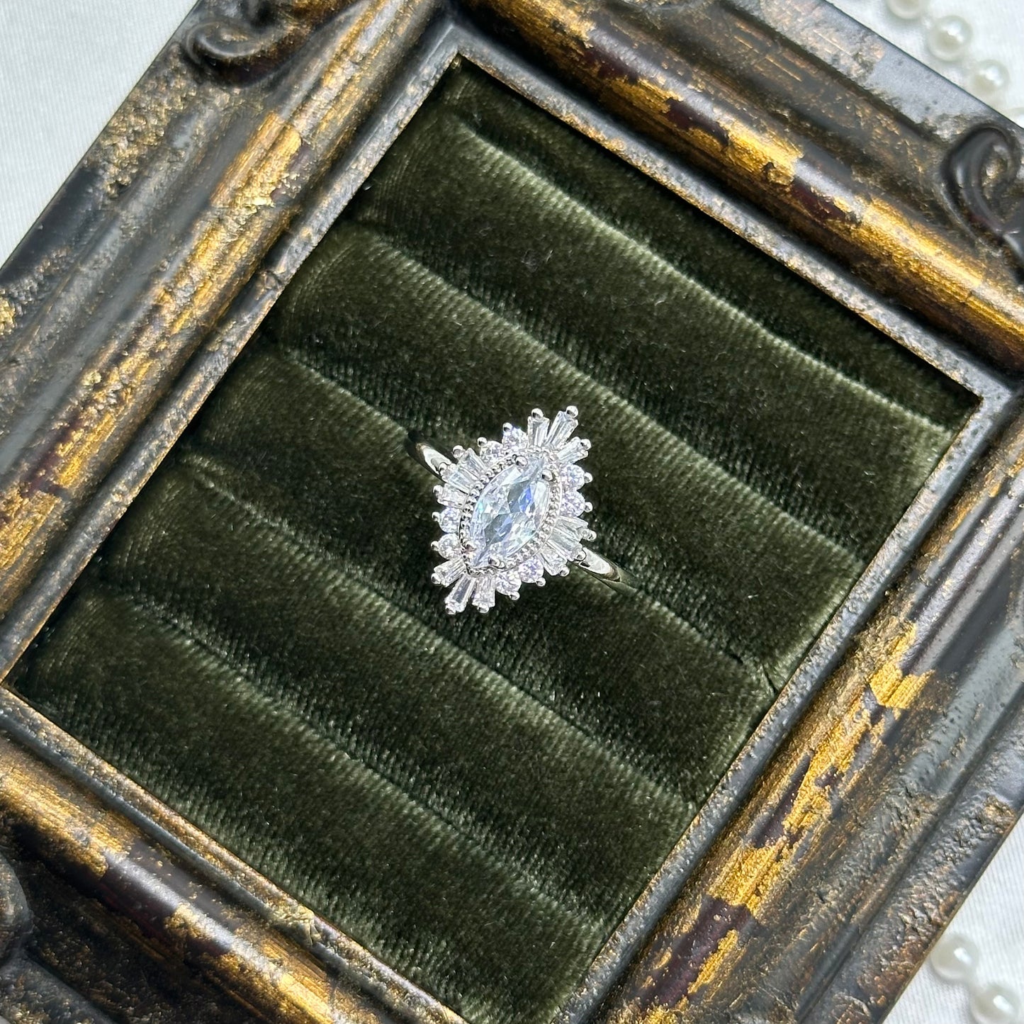 Vintage Rhodium Plated Art Deco Style Ring with Cubic Zirconia Stones
