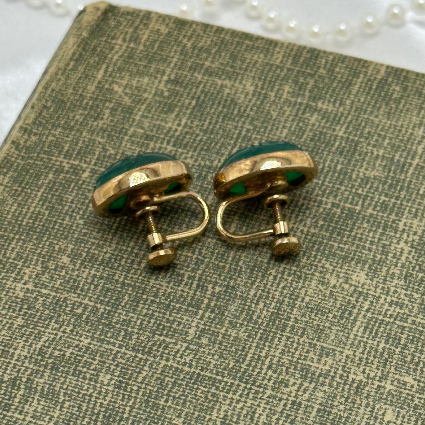 Vintage Gold Filled Green Scarab Screw Back Earrings